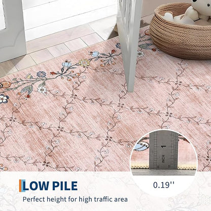 GarveeHome 5x7 Washable Floral Area Rugs for Living Room: Modern Floral Non Slip Large Area Rugs for Bedroom, Large Machine Washable Living Room Low Pile Carpet with Non-Slip Backing Pink 5 ft x7 ft.