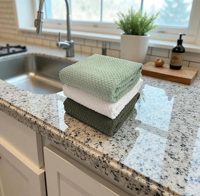 Sage White Dark Green Kitchen Hand Dish Towels: Oversized 28" x 18", 100% - Image 5