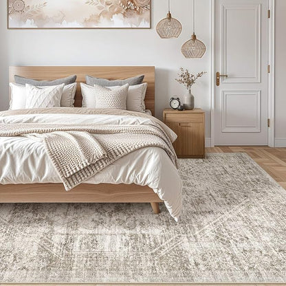 Vintage Living Room Area Rug 8x10 - Large Soft Washable Oriental Traditional Distressed Farmhouse Rugs for Bedroom - Indoor Floor Accent Carpet for Home Office House Decor - Distressed Light Brown