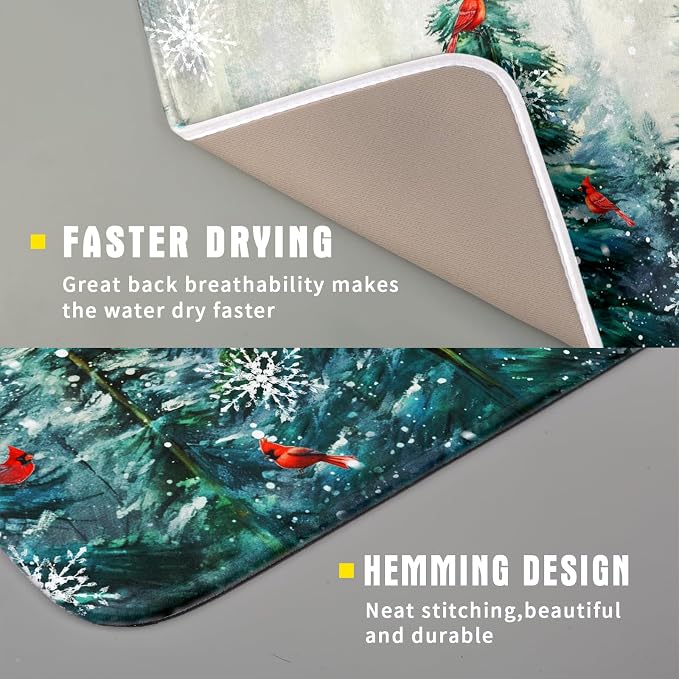 Pine Tree Dish Drying Mat for Kitchen Countertop Red Bird Dishes Mats Winter - Image 3