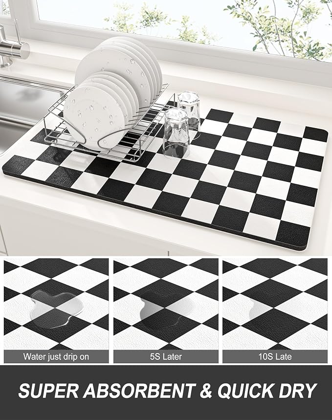Rnivvi Dish Drying Mat for Kitchen Counter, 12 x 19" Cute Checkered Absorbent - Image 3