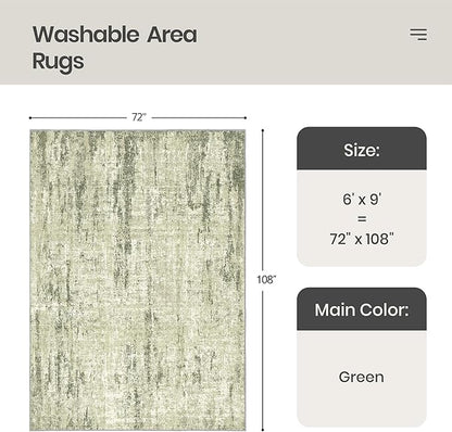 Valenrug Washable Rug 6x9 - Stain Resistant 6x9 Area Rugs for Living Room, Non Slip Backing Printed Rugs for Bedroom, Folable Machine Washable Area Rug(Green,6'x9')