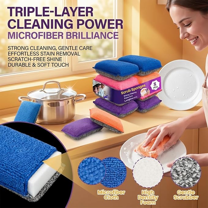 MAQIHAN 8 Pack Microfiber Sponge Kitchen - Image 3