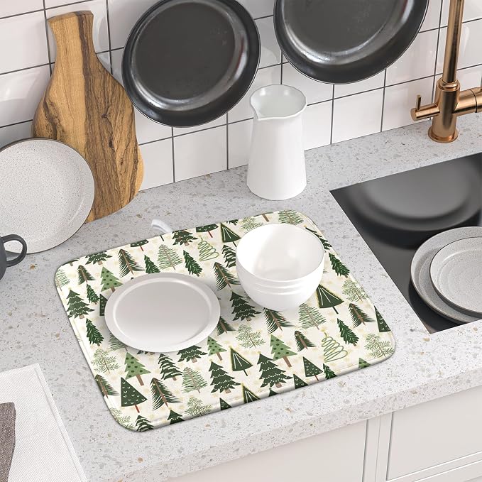 Christmas Dish Drying Mat for Kitchen Counter 16x18 Green Xmas Tree Block Print - Image 6