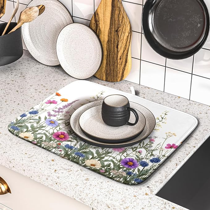 Giwawa Flower Herbs Dish Drying Mat Botanical Plant Dishes Drainer Mat 16x18 - Image 5