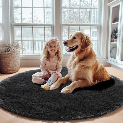 ONASAR Black Round Area Rug 4ft, Soft Bedroom Circle Rugs Floor Mats for Kids Girls Boys Teen Room, Fluffy Plush Shaggy Carpet for Baby Nursery Living Room Playroom Dorm Home Decor