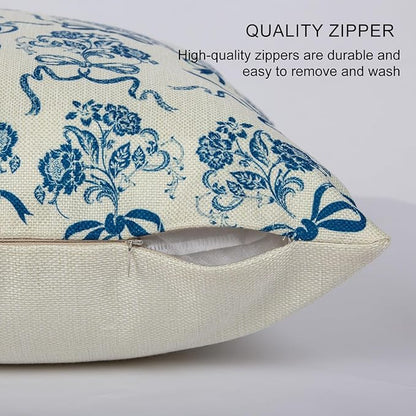 Vintage Blue Flower Pillow Cover 18x 18 Set of 2, Chinoiserie Floral Bow Decorative Linen Pillow Cushion Case,Modern Home Decor for Outdoor Couch Bedroom Car