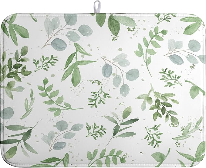 Summer Sage Green Leaves Dish Drying Mat Spring Eucalyptus Leaf Kitchen Dish by farg