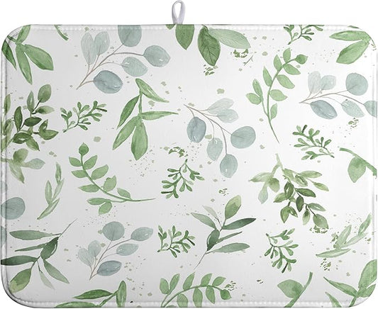 Summer Sage Green Leaves Dish Drying Mat Spring Eucalyptus Leaf Kitchen Dish by farg