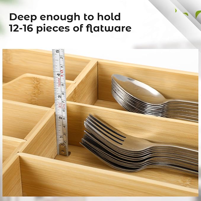 Fabsome Silverware Organizer for Kitchen Drawers, 2.5'' Deep 12.8'' Wide Bamboo - Image 3
