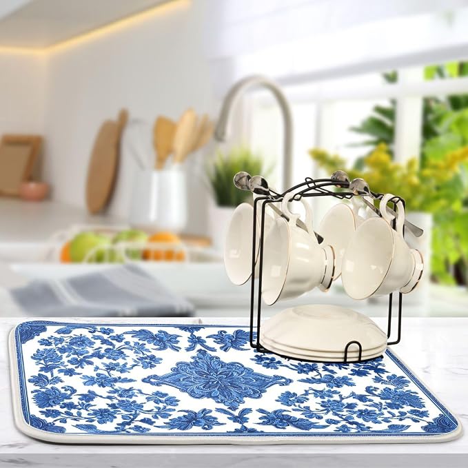 Blue White Porcelain Floral Dish Drying Mat - Image 5