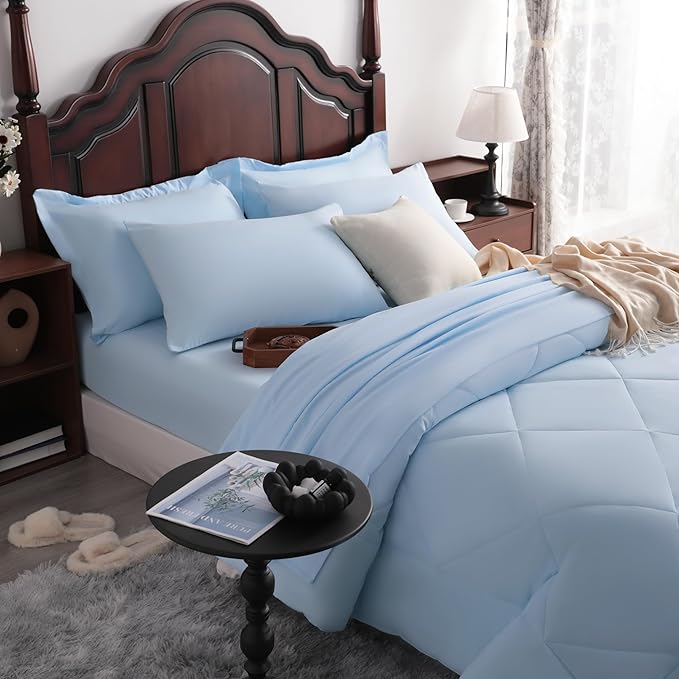 NTBAY King Comforter Set with Sheets, 7 Pieces Soft and Breathable King Bedding Set, Bed in a Bag, Down Alternative Comforter Set Solid Color All Season, King Bedding Set, Aqua