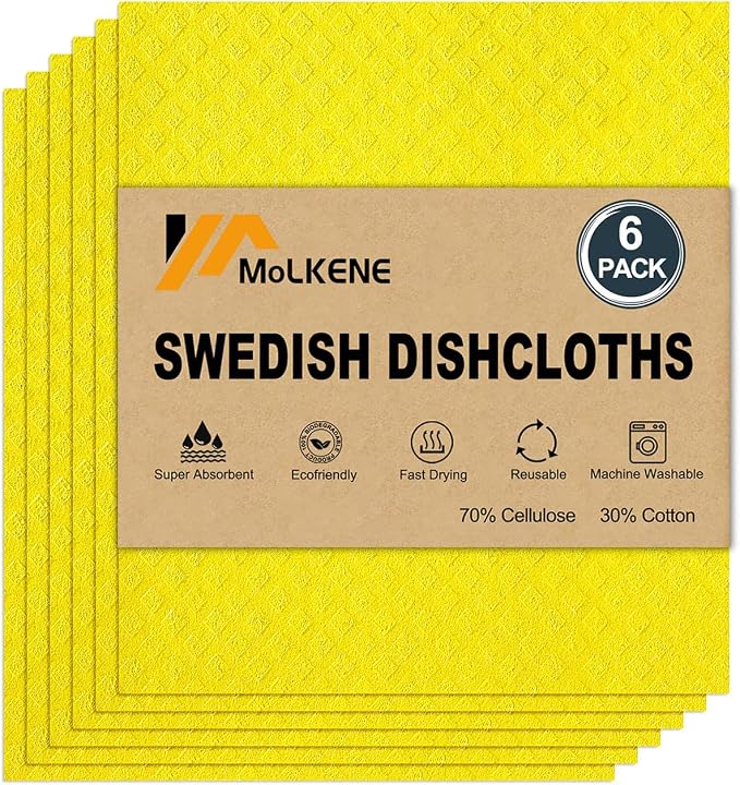Swedish Dishcloths for Kitchen | 6 Pack Absorbent Cellulose Sponge Cloths by MoLKENE