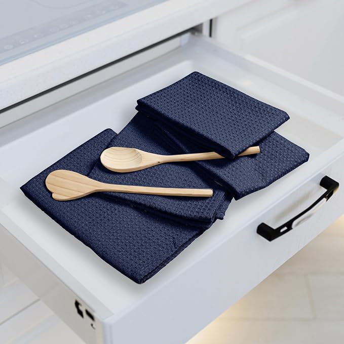 Navy Waffle Kitchen Towels, Quick Drying, 100% Cotton, Machine Washable - Image 3