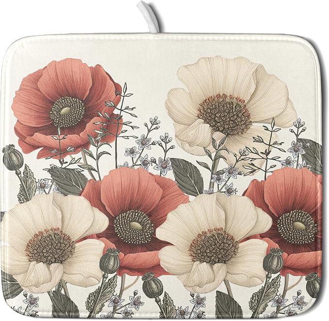 Floral Dish Drying Mat for Kitchen Counter 18x16 Inch Beige Pink Big Flower by Unknown