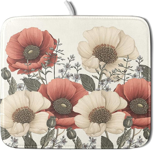 Floral Dish Drying Mat for Kitchen Counter 18x16 Inch Beige Pink Big Flower by Unknown