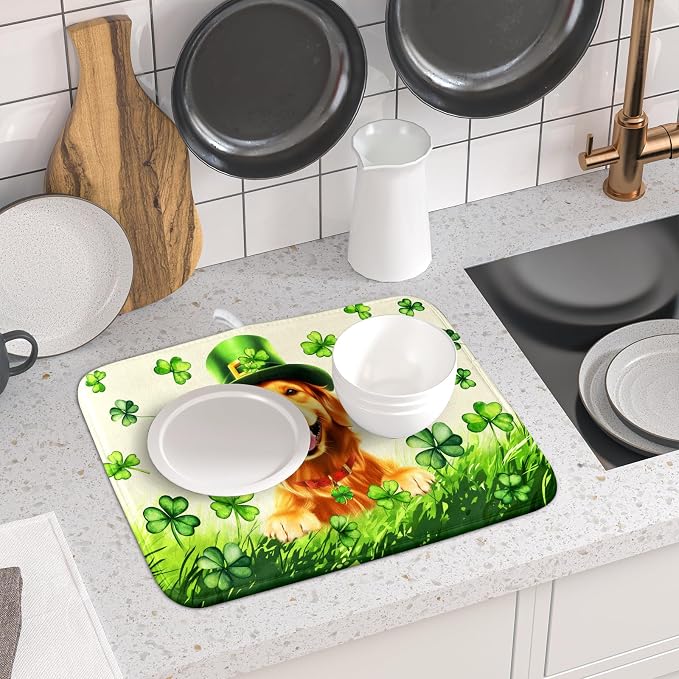 St Patrick's Day Dog Dish Drying Mat 16x18 inch Green Shamrock Dishes Pad - Image 6
