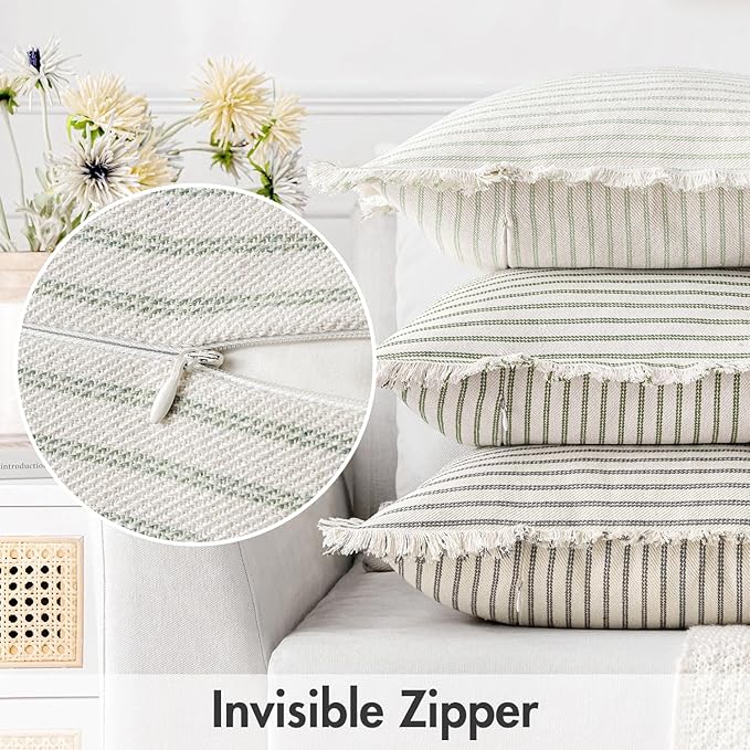 MIULEE Pack of 2 Sage Green Pillow Covers 26x26 Inch Striped Farmhouse Couch Throw Pillow Covers with Fringe Chic Linen Decorative Cushion Eruo Sham for Sofa Living Room Bed Outdoor Home Decor