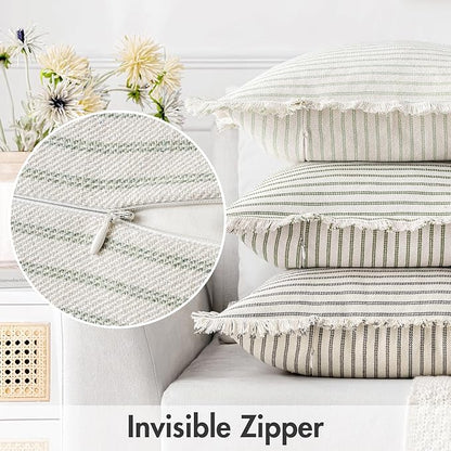 MIULEE Pack of 2 Sage Green Pillow Covers 26x26 Inch Striped Farmhouse Couch Throw Pillow Covers with Fringe Chic Linen Decorative Cushion Eruo Sham for Sofa Living Room Bed Outdoor Home Decor