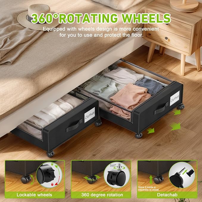 Under Bed Storage with Wheels, Underbed Storage Bins, XXL 60L Rolling Metal - Image 3
