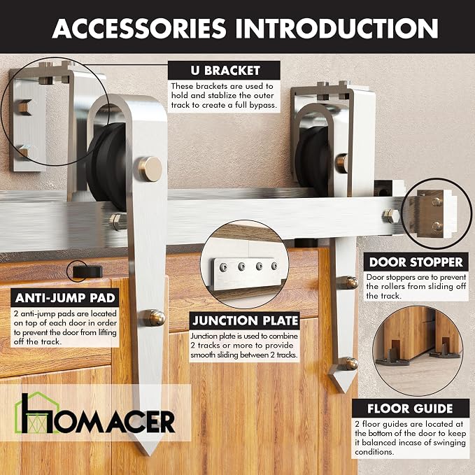 Homacer Brushed Nickel Double Track U-Shape Bypass Sliding Barn Door Hardware - Image 7