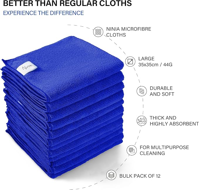 Ninia Blue Microfiber Cloth 12 Pack 35x35 cm, Thick & Absorbent Reusable Towels - Image 3