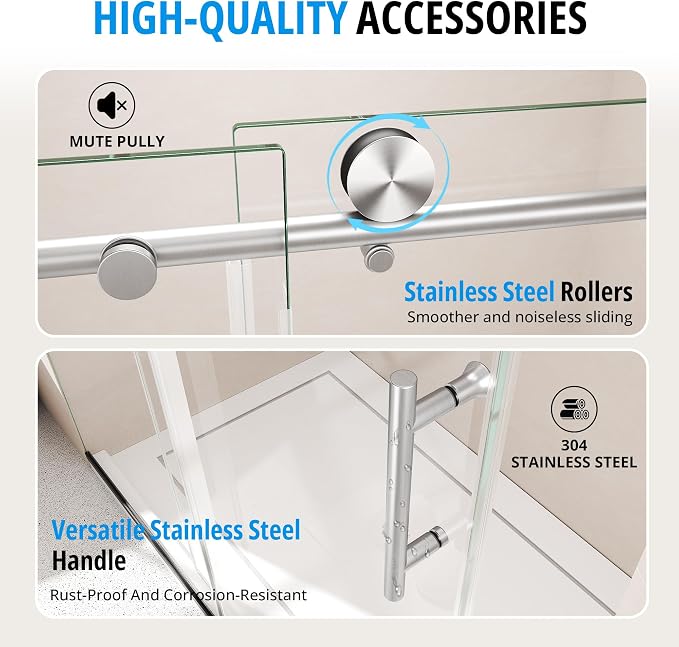 Frameless Sliding Shower Door 56–60 in W x 76 in H, 10mm Clear Tempered Glass - Image 7