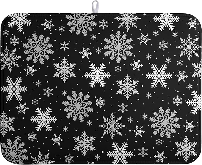 Winter Snowflake Black Dish Drying Mat Christma Snowflakes Large Kitchen Mats by farg