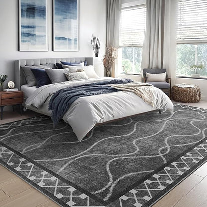 4x6 Area Rugs for Living Room Bedroom, Machine Washable Low Pile Rugs, Non Slip Modern Bordered Print Indoor Carpet for Entryway Office Dining Room Dorm Home Decor, Dark Grey