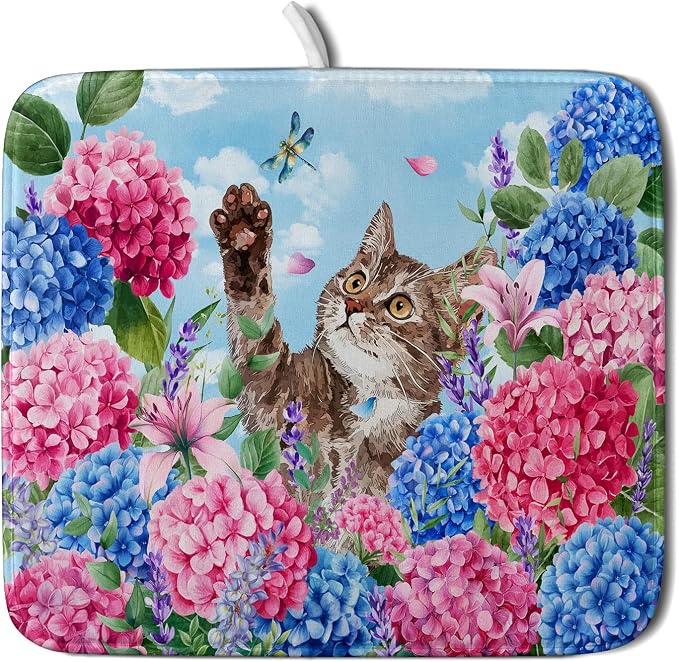 Hydrangea Floral Dish Drying Mat Cute Cat Microfiber Absorbent Dish Drying Pad by Giwawa