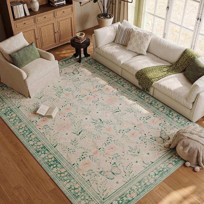 Green Floral Rug for Living Room Bedroom, 5x7 Washable Rug, Vintage Boho Area by Rugxara