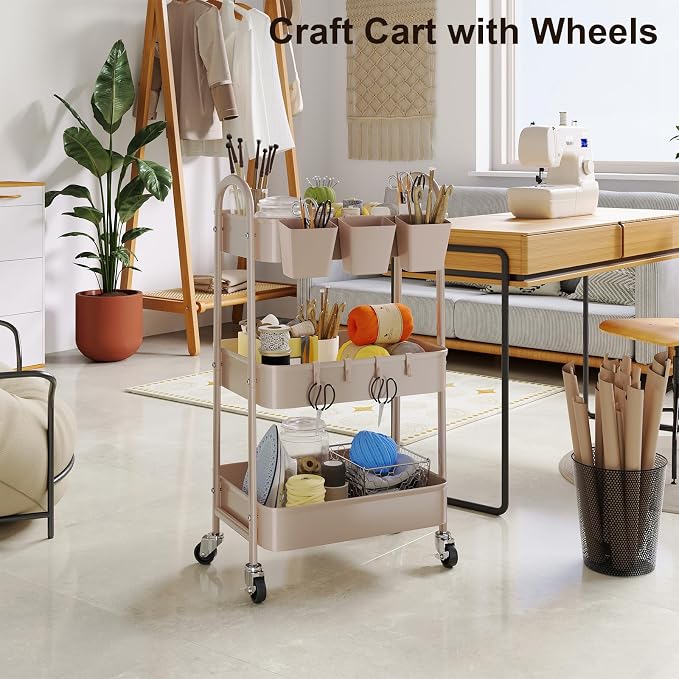 3 Tier Khaki Metal Utility Rolling Cart, Storage Cart - Image 8