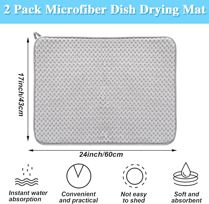 2 Pack Microfiber Dish Drying Mat, 24*17 inch Absorbent Dish Drainer Kitchen - Image 2