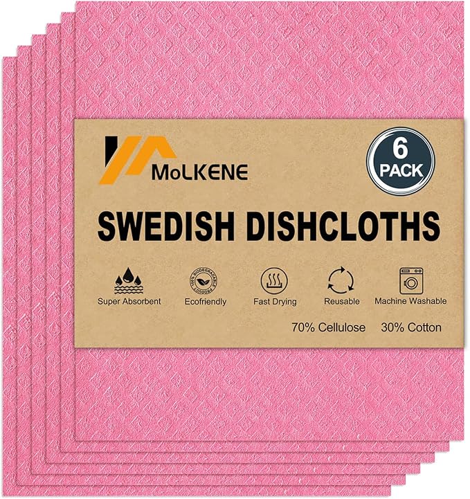 Swedish Dishcloths for Kitchen | 6 Pack Absorbent Cellulose Sponge Cloths by MoLKENE