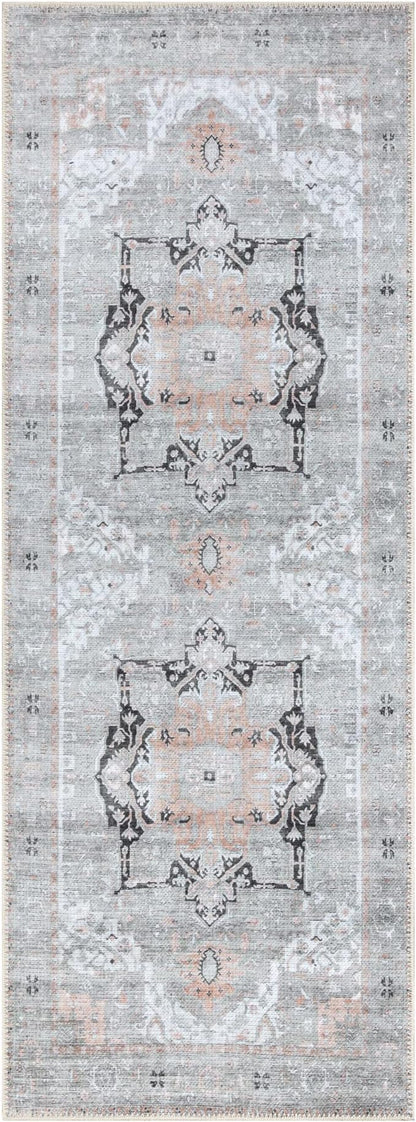 Bloom Rugs Washable Non-Slip 12 ft Runner - Gray/Coral Pink Traditional Runner for Entryway, Hallway, Bathroom, and Kitchen - Exact Size: 2.5' x 12'