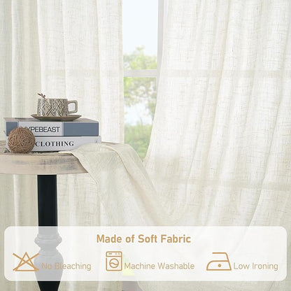 LAMIT Light Filtering Linen Curtains 63 inches Long for Bedroom, Linen Textured Semi Sheer Back Tab and Rod Pocket Boho Drapes for Living Room, Cream, 2 Panels, 60 x 63 Inch