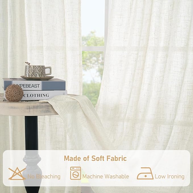 LAMIT Cream Linen Semi Sheer Curtains 63 Inch for Bedroom, Light Filtering Neutral Window Curtains Farmhouse Boho Back Tab and Rod Pocket Panels, 2 Panels, 38 x 63 Inch