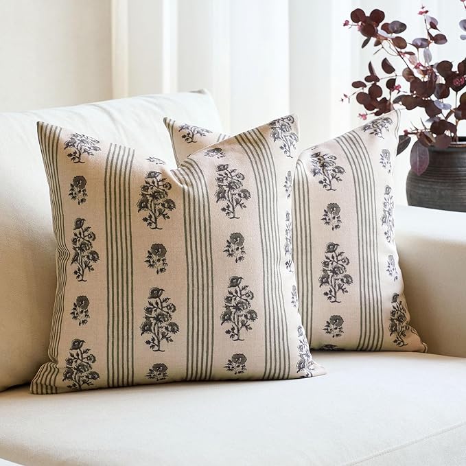 Amor Virisso Floral Throw Pillow Covers 18x18 Set of 2 Block Print Pillow Covers Neutral Floral Striped Farmhouse Decorative Pillow Covers for Sofa Couch Bed, Dusty Green