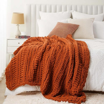 Battilo Orange Chunky Knit Throw Blanket for Couch, Fall Throw Blanket, Rust Throw Fall Decorations, Thick Warm Cozy Soft Chenille Throw Blanket for Sofa, Bed, Living Room, 50"x60"