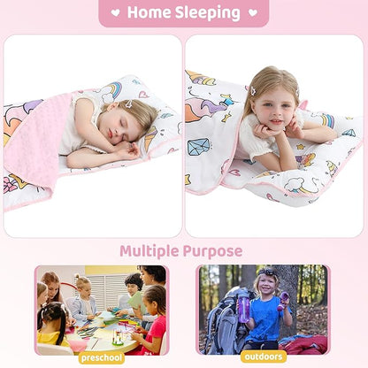 Viviland Toddler Kid Nap Mat for Preschool, White Unicorn Slumber Bag, Daycare Sleeping Bag with Pillow and Blanket, Kindergarten Sleep Mat