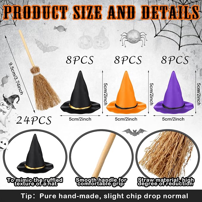 48 Pcs Mini Witch Hats and Broom - Image 3
