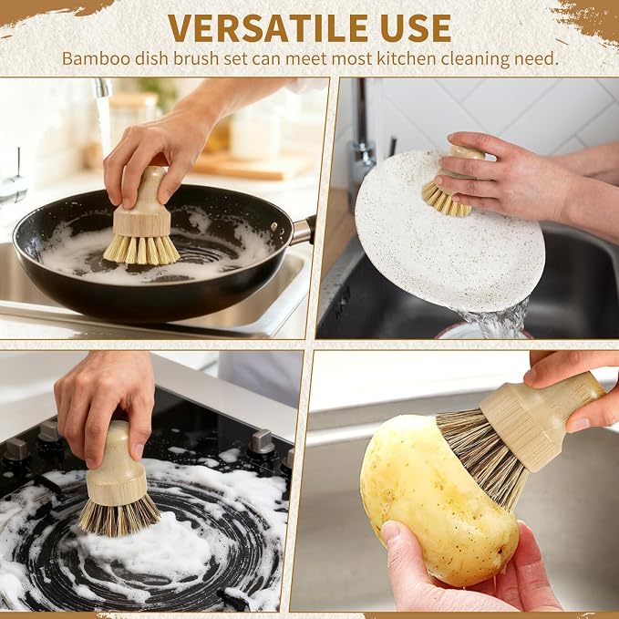 4 Pack Bamboo Dish Brush Set, Natural Palm Dish Scrubber - Image 6