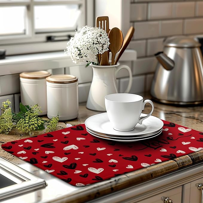 Valentines Day Dish Drying Mat Red Black Love Heart Valentine Kitchen Dish - Image 6