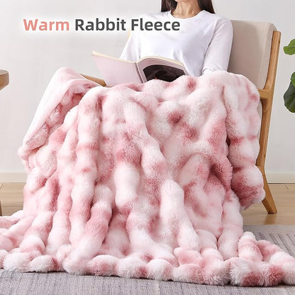 Smoofy Faux Fur Throw Blanket for Couch Rabbit Fleece - Tie-dye Pink Fluffy Blanket for Sofa Bedroom Living Room, Cozy Soft Plush Luxury Thick Winter Fuzzy Comfy Bubble Blanket - 50" x 60"