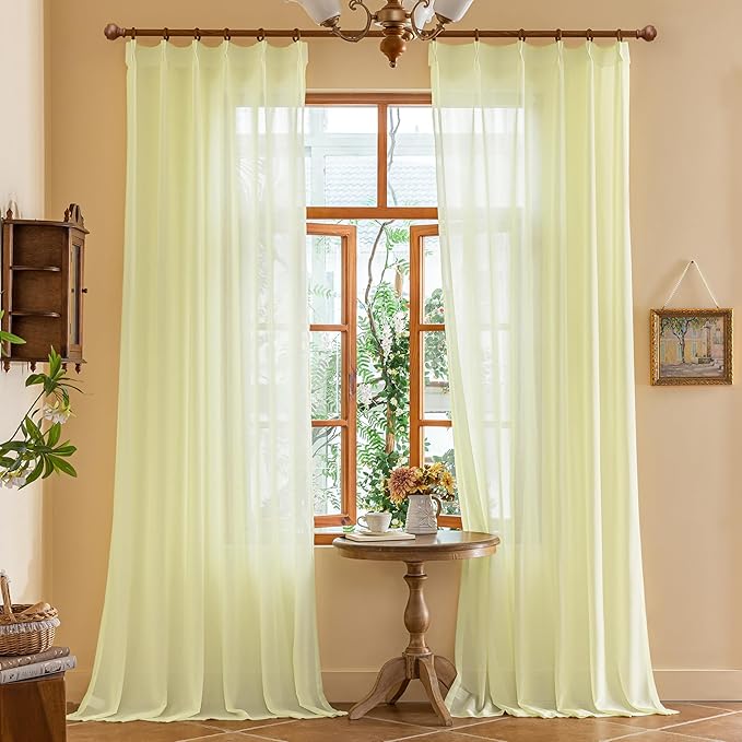 Light Yellow Pinch Pleat Curtains 108 Inches Long for Living Room Sheer Pleated Drapes with Hooks Soft Touch Tree Branch Textured Light Filtering Curtain Panels, Pear Sorbet, 42"W x 108"L, 2 Panels