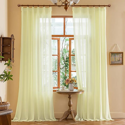 Light Yellow Pinch Pleat Curtains 108 Inches Long for Living Room Sheer Pleated Drapes with Hooks Soft Touch Tree Branch Textured Light Filtering Curtain Panels, Pear Sorbet, 42"W x 108"L, 2 Panels