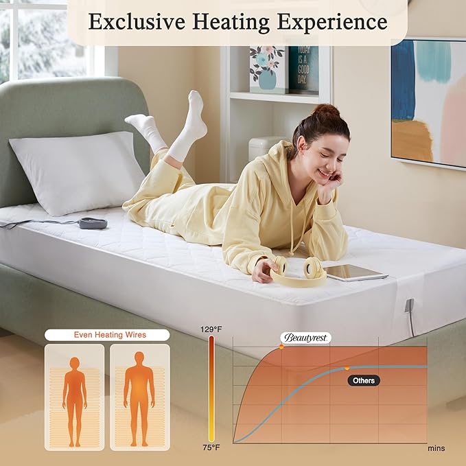Beautyrest Cotton Blend Heated Mattress Pad Secure Comfort Technology - Luxury Quilted Electric Mattress Pad with Deep Pocket - 5-Setting Heat Controllers, Twin, White