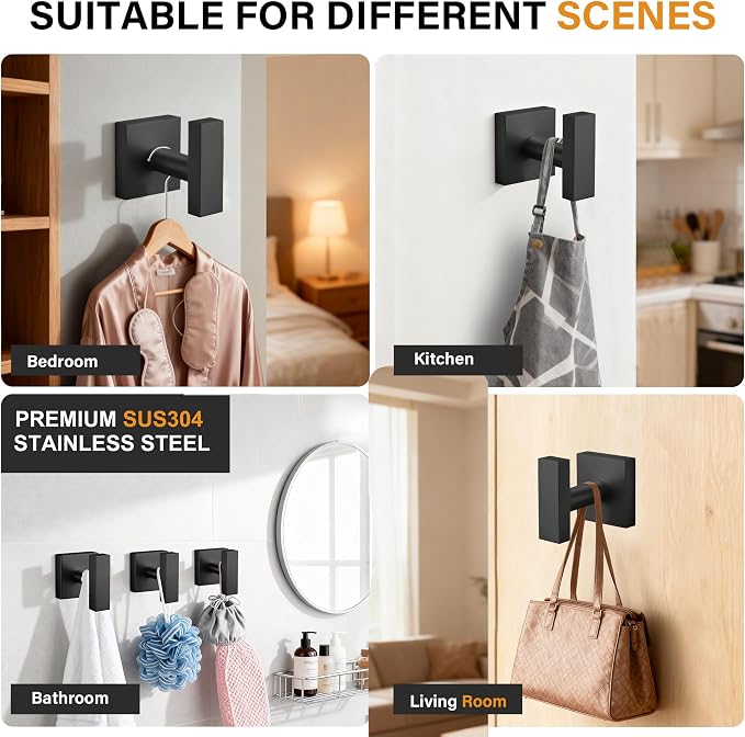 Matte Black Towel Hooks for Bathrooms, SUS304 Stainless Steel Shower Towel Hooks - Image 7