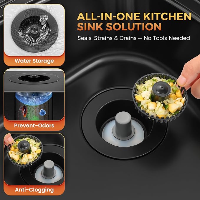 3-in-1 Kitchen Sink Strainer & Stopper, Matte Black Pop Up Drain Filter – - Image 4