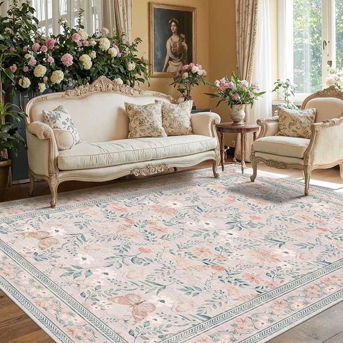 Pink Floral 5x7 Washable Area Rug, Vintage Boho Non Slip, Low Pile Rugs - Image 2